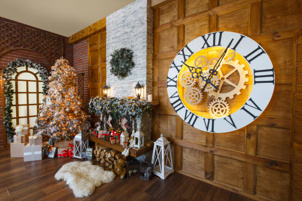istock Cozy christmas interior with fir tree and fireplace 853926508