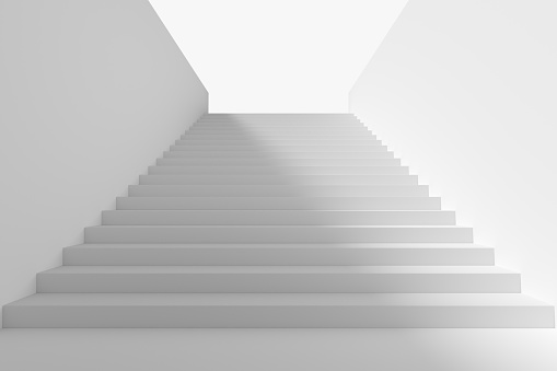 Long staircase with white stairs and walls and big shadow from light in underground passage going up to the light, 3d illustration