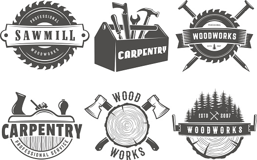 Woodwork logos. Vector badges for carpentry, sawmill, lumberjack service or woodwork shop. Set of vintage labels with hand tools