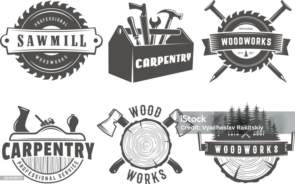 Woodwork and carpentry logos Woodwork logos. Vector badges for carpentry, sawmill, lumberjack service or woodwork shop. Set of vintage labels with hand tools Carpenter stock vector