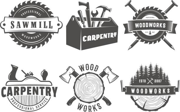 Woodwork and carpentry logos Woodwork logos. Vector badges for carpentry, sawmill, lumberjack service or woodwork shop. Set of vintage labels with hand tools carpenter stock illustrations