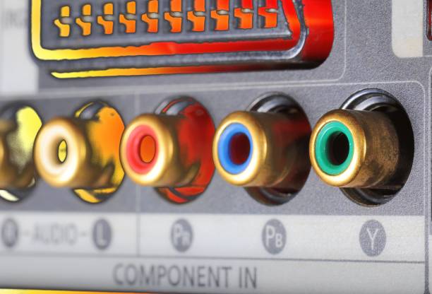 istock Close-up view on a digital video recorder on the part connectors. Video audio input.  Selective focus and digital manipulation. 853935882