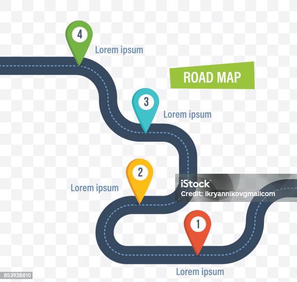 Ilustración de Hoja De Ruta Con Colorido Brillante Marca Marcadores Y Camino y más Vectores Libres de Derechos de Mapa de carretera