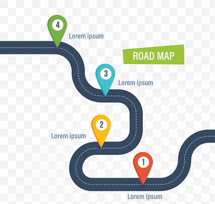 Road map with colorful bright marks markers and road, with a paved route. Roadmap template design on transparent background. Vector illustration isolated.