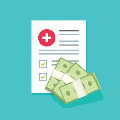 Medical document with money vector illustration, flat cartoon health insurance form with pile of money, idea of expensive medicie, healthcare spendings or expenses