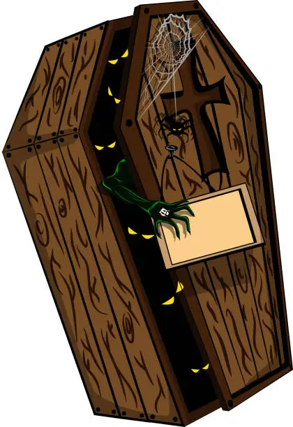Vector illustration of A cartoon wooden coffin for the holiday of the halloween with a zombie hand and a sign on which you can write whatever you want. Vector Illustraion.