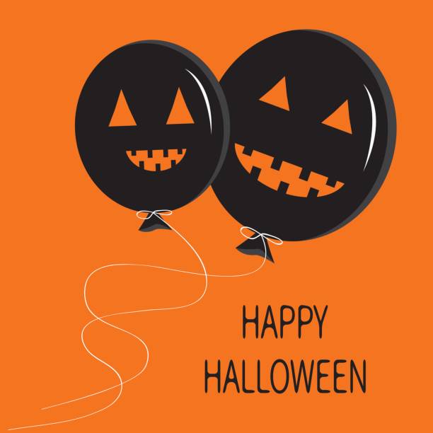 istock Two cute cartoon funny black balloon pumpkin with scary smile, eyes and teeth. Thread bow. Halloween card for kids. Flat design. Orange background. 853951580