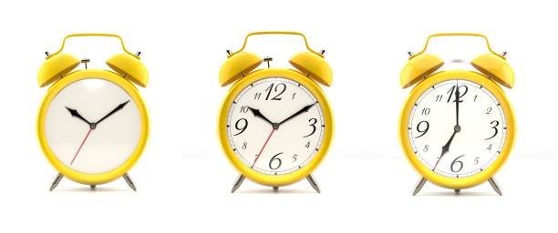 Set of 4 yellow alarm clocks Set of 3 alarm clocks isolated on white background. Vintage style yellow clock with clean face, numbers, ringing clock. Graphic design element. Deadline, wake up, happy hour concept. 3D illustration timer stopwatch red isolated stock pictures, royalty-free photos & images