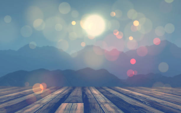 istock 3D wooden table looking out to a mountain landscape 853956562