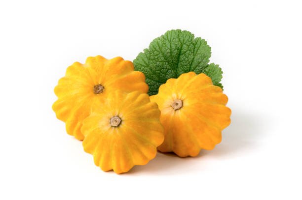 izolowana żółta pattypan squash z zielonym liściem - pattypan squash zdjęcia i obrazy z banku zdjęć