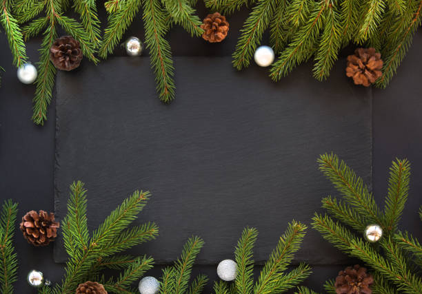 istock Christmas or New Year decoration background. Fir tree branches on black background with copy space. Top view. Pattern. 853963828