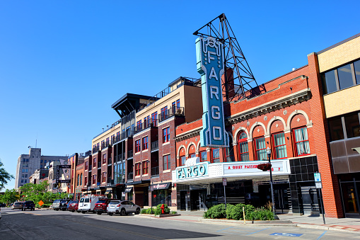 Fargo, North Dakota, USA - June 12, 2017: Daytime view of the Fargo Theatre along Broadway N in the Downtown Historic District