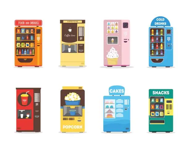 Vector illustration of Cartoon Vending Machine Set. Vector