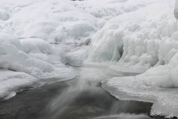 Shelf ice with flowing water in winter in Northern Norway. The water is blurred caused by a slow shutter speed.