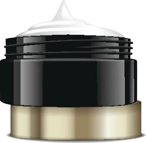 Vector illustration of Round black plastic jar with gold cap for cosmetics. Open container. Vector mockup template