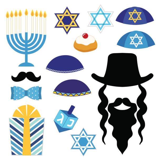 ilustrações, clipart, desenhos animados e ícones de adereços de cabine de foto bonito para o hanukkah. pegue um adereço e encontrar uma pose - yarmulke