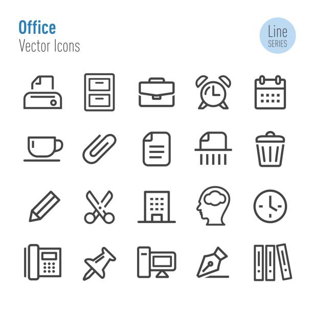 Office Icons - Vector Line Series Office, Paperwork, place of work, office supply laptop in a trash bin stock illustrations