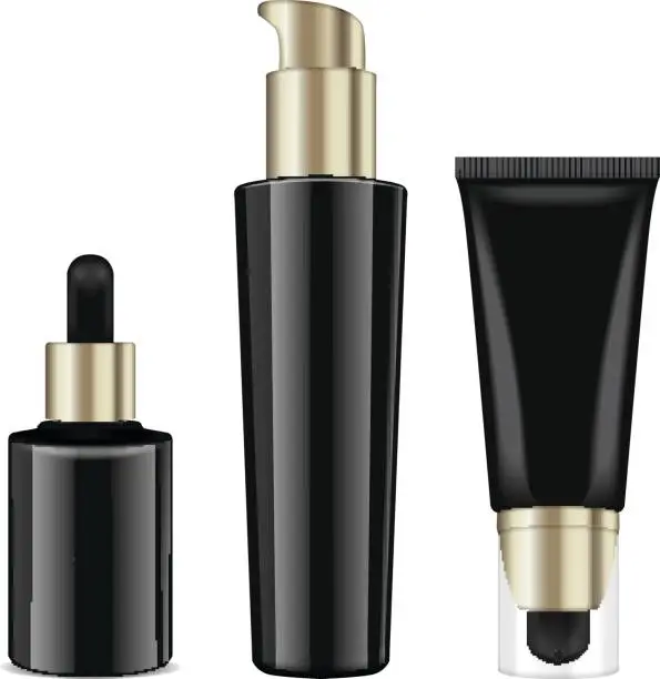 Vector illustration of Realistic cosmetic black bottles with gold caps. Vector containers and tubes for cream, lotion, gel, balsam, foundation cream. 3d Illustration