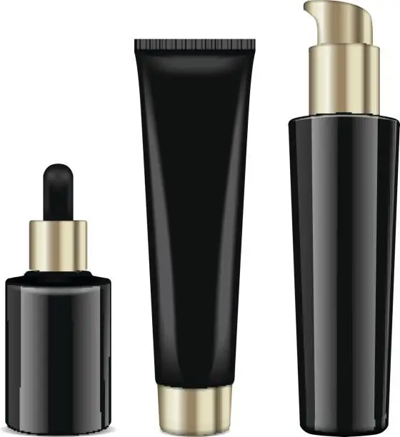 Vector illustration of Realistic cosmetic black bottles with gold caps. Vector containers for cream and tubes for cream, lotion, gel, balsam, foundation cream. 3d Illustration