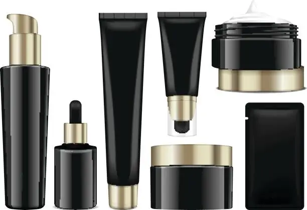 Vector illustration of Realistic cosmetic black bottles with gold caps. Vector containers, tubes, sashet for cream, balsam, lotion, gel, foundation cream. 3d Illustration