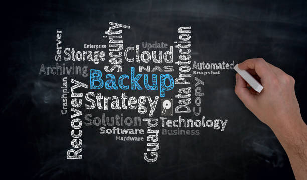 backup cloud is written by hand on blackboard - buzzword imagens e fotografias de stock