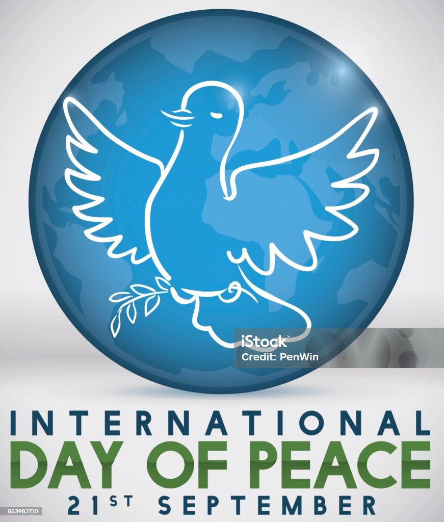 Outline Dove holding Olive Branch over Globe for Peace Day Poster with dove holding an olive branch in outline, over a round button with globe to commemorate International Day of Peace. Animal Body Part stock vector