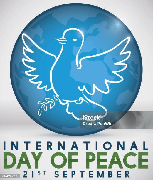 Outline Dove Holding Olive Branch Over Globe For Peace Day Stock Illustration - Download Image Now