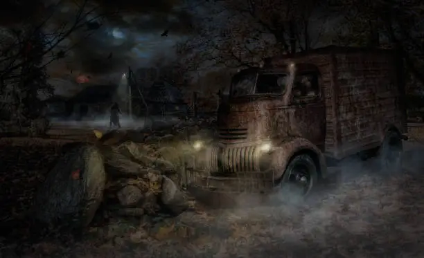 The truck of the famous hero from the horror film stopped near a small rural house.