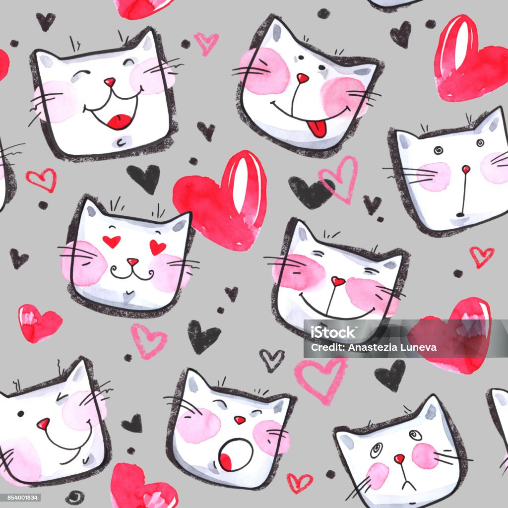 Textura Sem Emenda Do Vetor Com Gato Kawaii E Acessórios. Mão