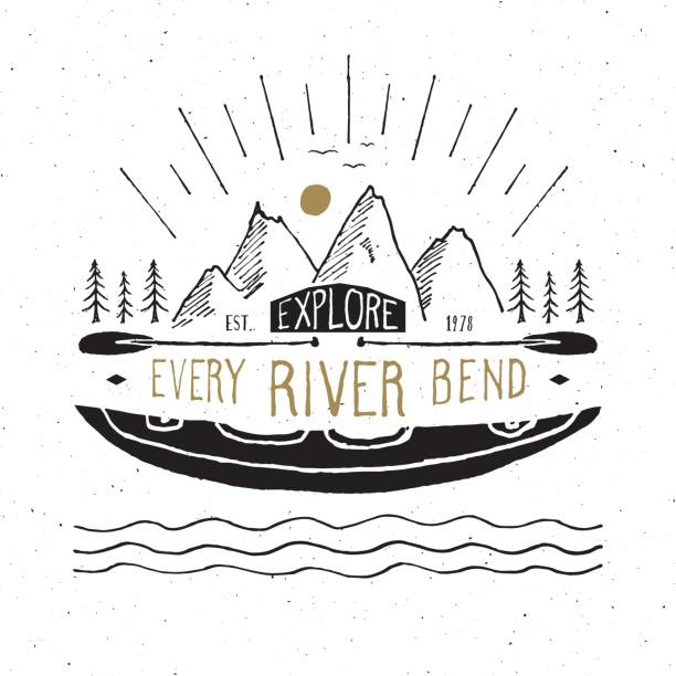 Kayak and canoe vintage label, Hand drawn sketch, grunge textured retro badge, typography design t-shirt print, vector illustration.