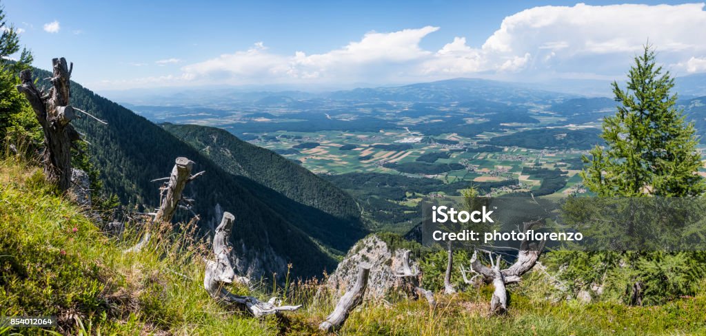 View from mountain Petzen to valley Drau in Carinthia View from mountain Petzen to valley Drau in Carinthia in Austria Slovenia Stock Photo