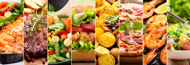 collage di prodotti alimentari - vegetable food meal composition foto e immagini stock