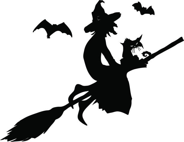istock Halloween party.Witch with a cat on a broom and bats. Halloween poster. Vector illustration. 854038826