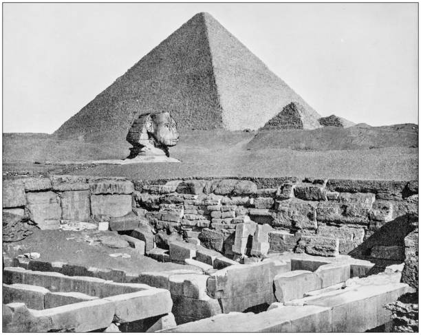 Antique photograph of World's famous sites: Pyramids and Sphinx, Egypt Antique photograph of World's famous sites: Pyramids and Sphinx, Egypt pyramid photos stock illustrations