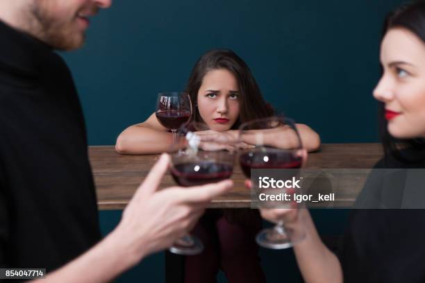 Sad Alone Female In Bar Jealousy Backdrop Stock Photo - Download Image Now - Envy, Couple - Relationship, Infidelity