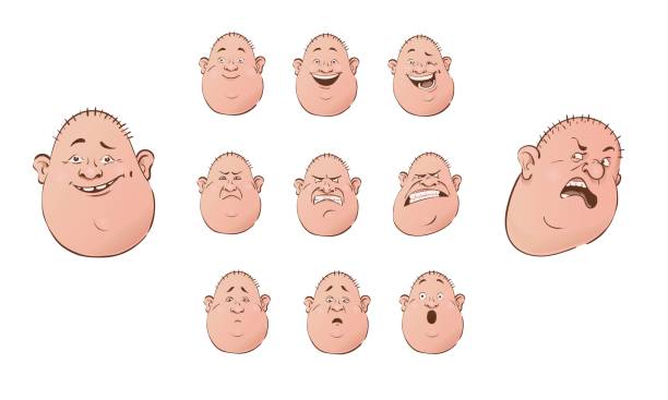 ilustrações de stock, clip art, desenhos animados e ícones de set of male emoji characters. flat cartoon style. isolated bald men avatars with different facial expressions. - food smiling human eye facial expression