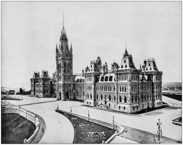 antyczne zdjęcie słynnych miejsc na świecie: house of parliament, ottawa, kanada - houses of parliament stock illustrations