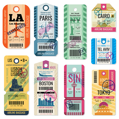 Retro travel luggage labels and baggage tickets with flight symbol vector collection. Luggage label tag registered illustration