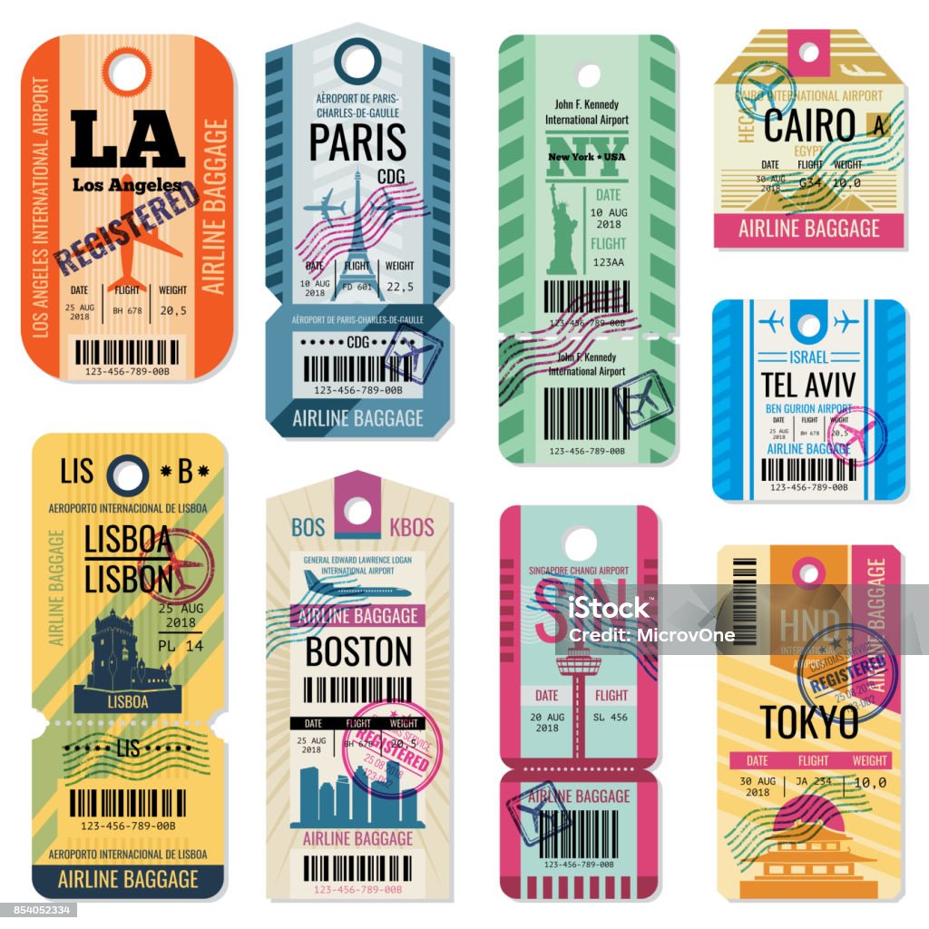Retro travel luggage labels and baggage tickets with flight symbol vector collection Retro travel luggage labels and baggage tickets with flight symbol vector collection. Luggage label tag registered illustration Travel stock vector