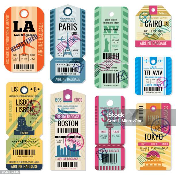 Retro Travel Luggage Labels And Baggage Tickets With Flight Symbol Vector Collection Stock Illustration - Download Image Now