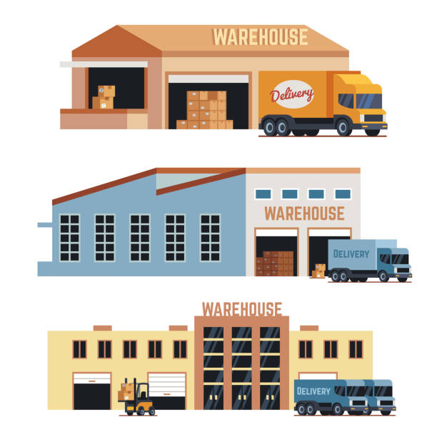 budynki magazynowe, budownictwo przemysłowe i ikony wektorów magazynów fabrycznych - warehouse stock illustrations