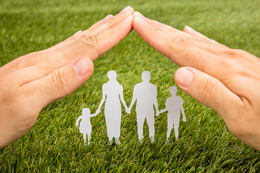High Angle View Of Person Hand Protecting Family Papercut On Grass