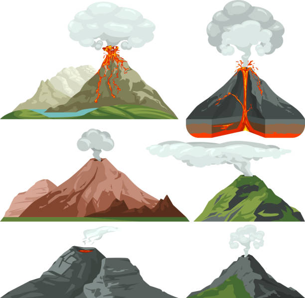 ilustraciones, imágenes clip art, dibujos animados e iconos de stock de encendido montañas del volcán con magma y lava caliente. erupción volcánica con el vector de las nubes de polvo situado - volcano