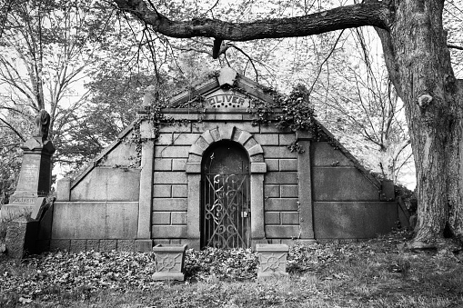 Rahway, New Jersey - April 28, 2017: A view of the ornate Oliver family mausoleum  in Rahway Cemetery