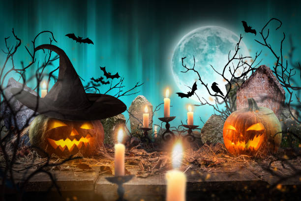 istock Halloween pumpkins on wooden planks 854069016
