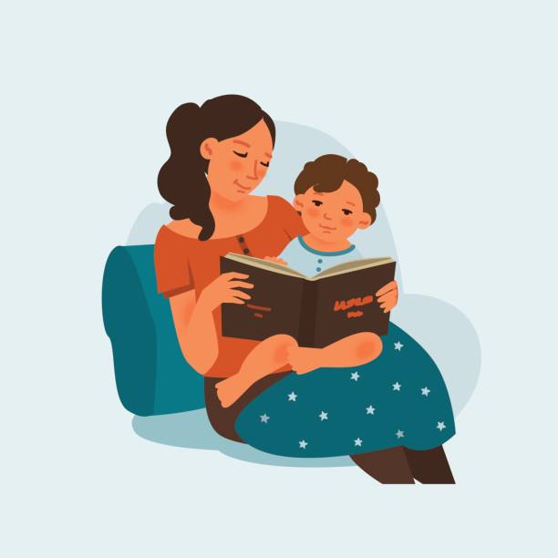 Mother with cute baby reading book. Family, early development, activity, learning Mother with cute baby reading book. Family, early development, activity, learning i love you mom stock illustrations