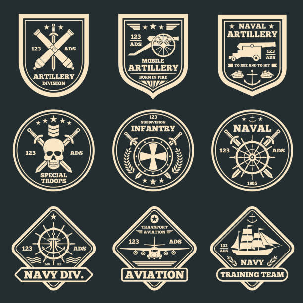 Vintage military and army vector emblems, badges and labels Vintage military and army vector emblems, badges and labels. Label and sticker aviation army and infantry illustration combat infantry badge stock illustrations