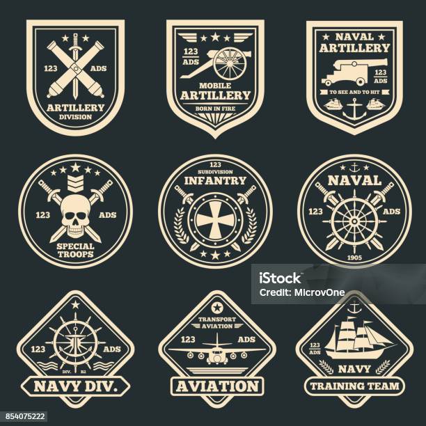 Vintage Military And Army Vector Emblems Badges And Labels Stock Illustration - Download Image Now