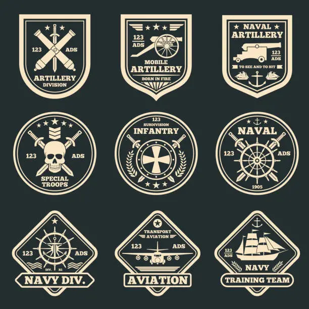 Vector illustration of Vintage military and army vector emblems, badges and labels