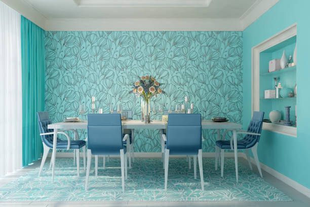 istock 3d illustration of Blue dining room 854075236